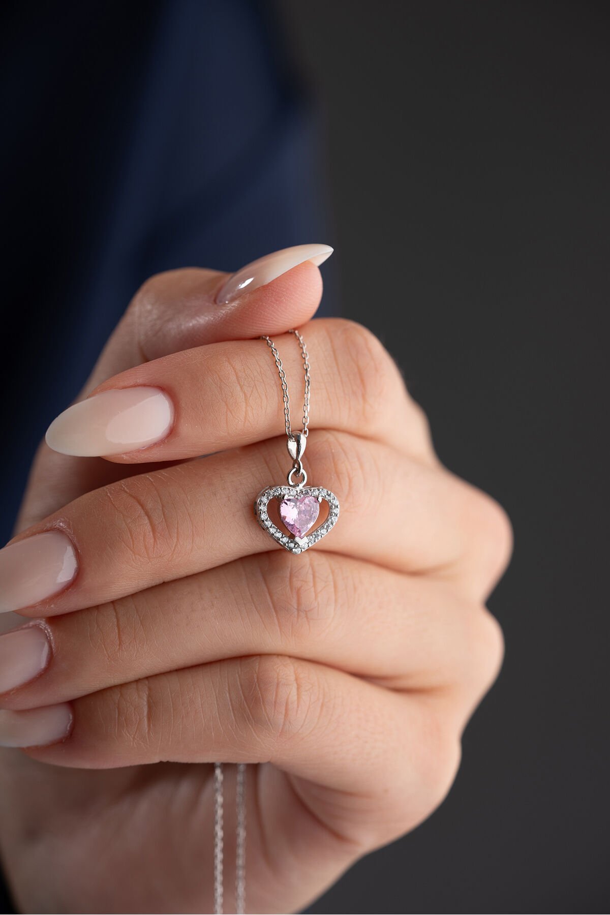 925 Ayar Gümüş Pembe Taşlı Kalp Kolye Silver - Tek Ebat