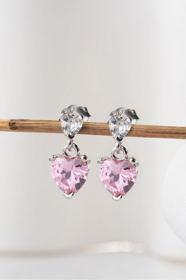 925 Ayar Gümüş Pembe Kalpli Küpe Silver - Tek Ebat