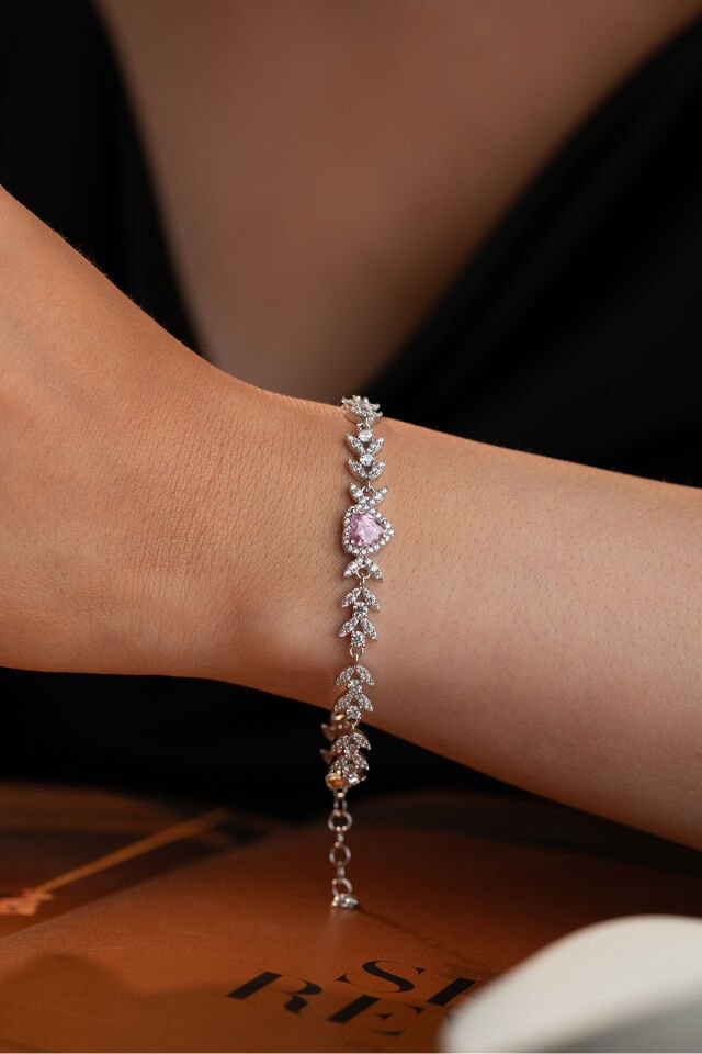925 Ayar Gümüş Yaprak Model Pembe Taşkı Kalpli Model Bileklik