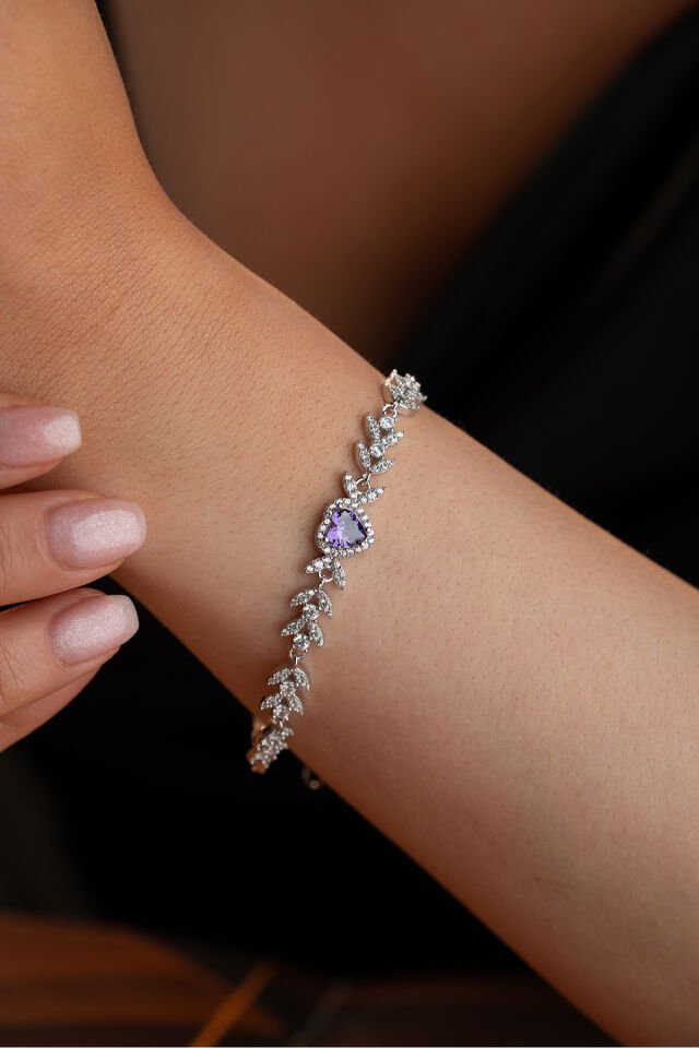 925 Ayar Gümüş Yaprak Model Amatist Taşlı Kalpli Model Bileklik