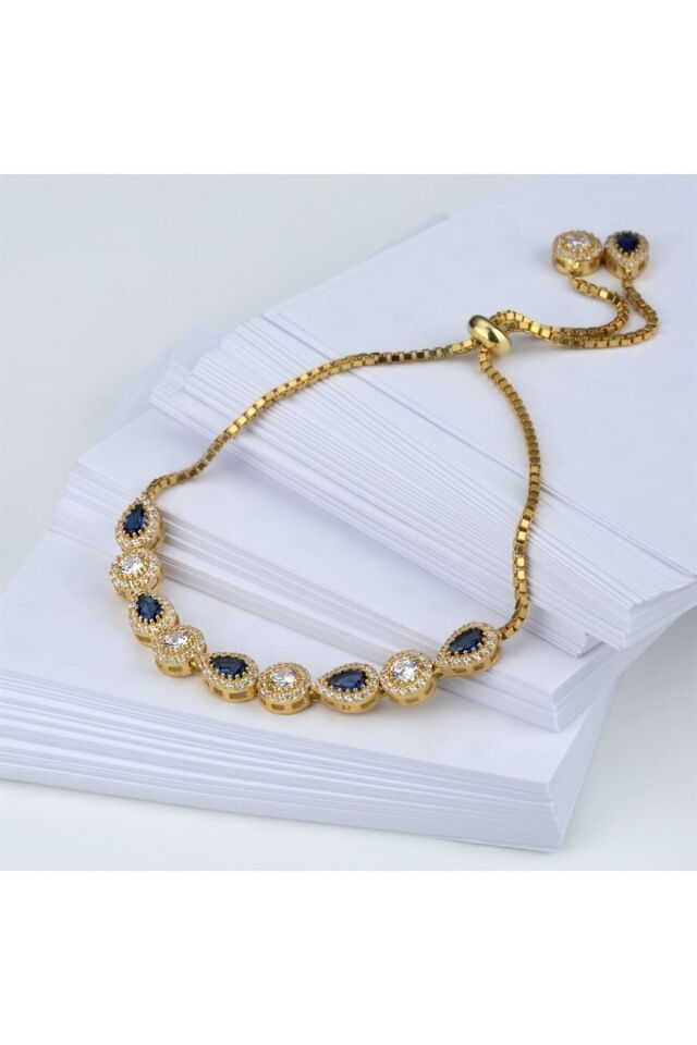 925 Ayar Gümüş Mavi Taşlı Asansörlü Bileklik Gold - Tek Ebat