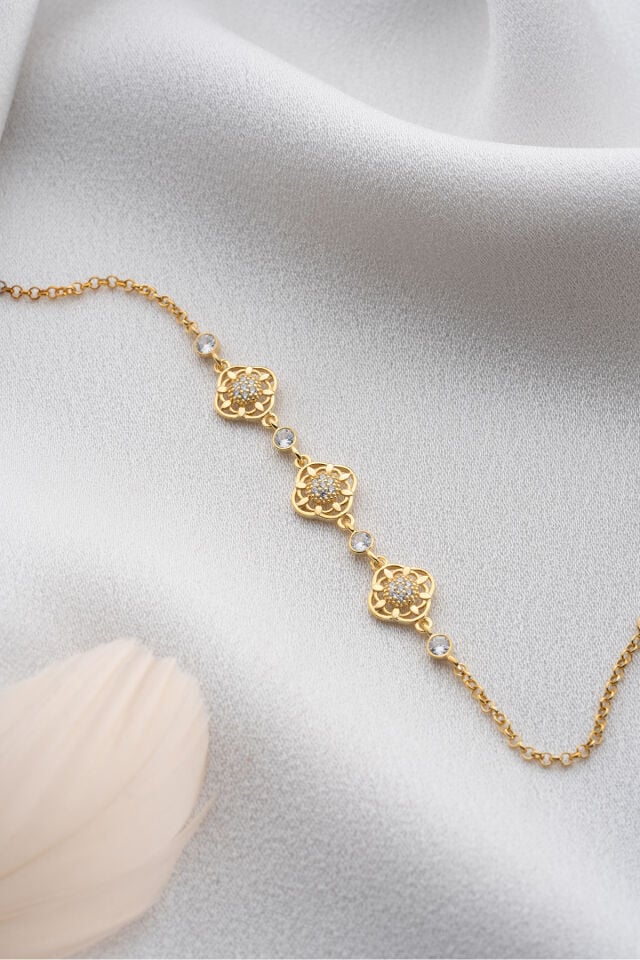925 Ayar Gümüş Gold Çiçek Bileklik Gold - Tek Ebat