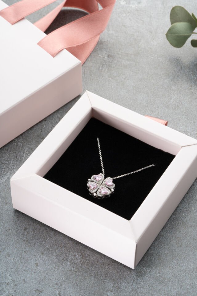 925 Ayar Gümüş Mıknatıslı Kutulu Pembe Taşlı Kolye Silver - Tek Ebat