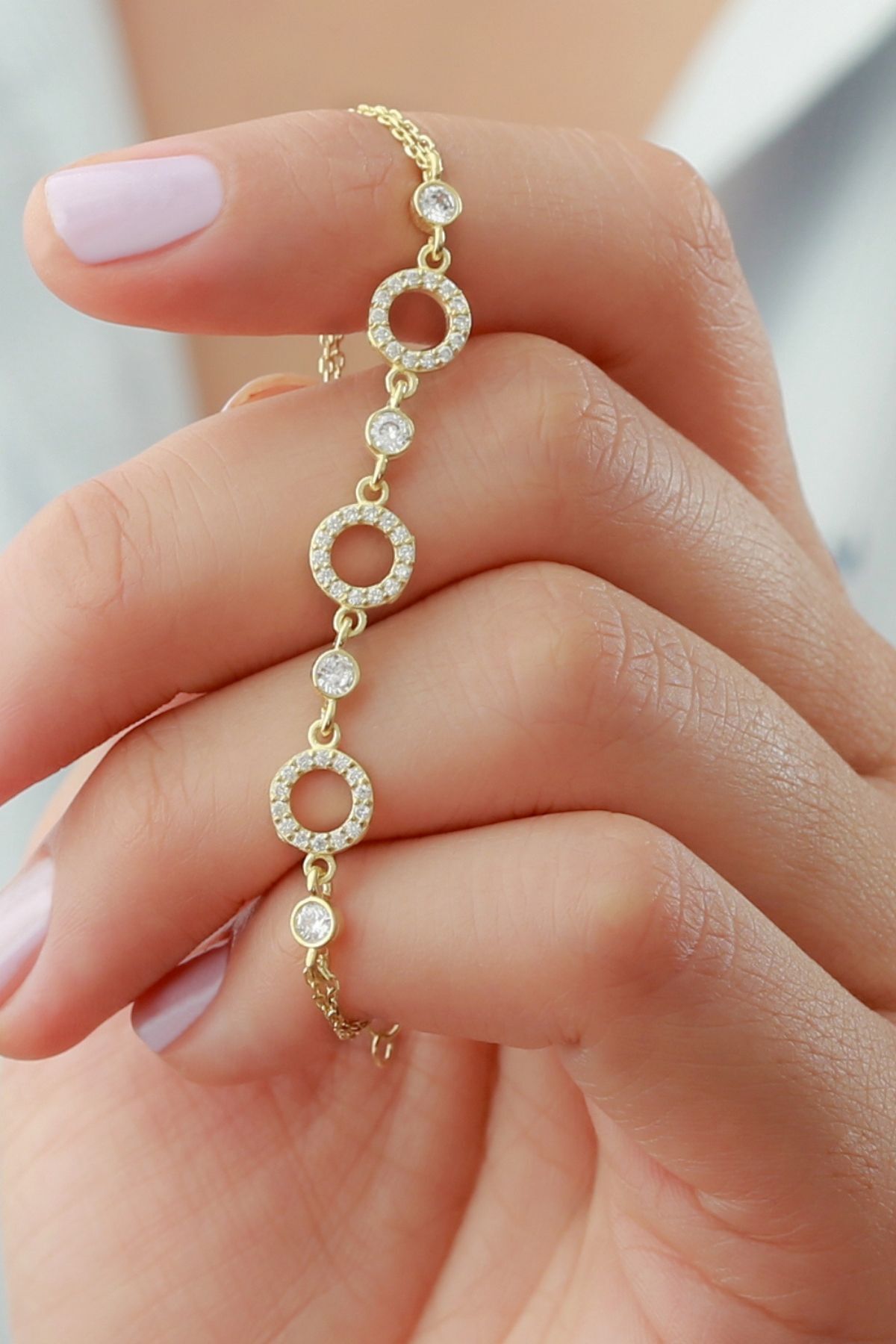 925 Ayar Gümüş Halka Taşlı Bileklik Gold - Tek Ebat