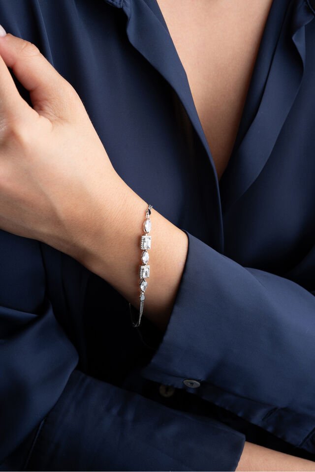 925 Ayar Gümüş Damla Baget Taşlı Trend  Bileklik Silver - Tek Ebat