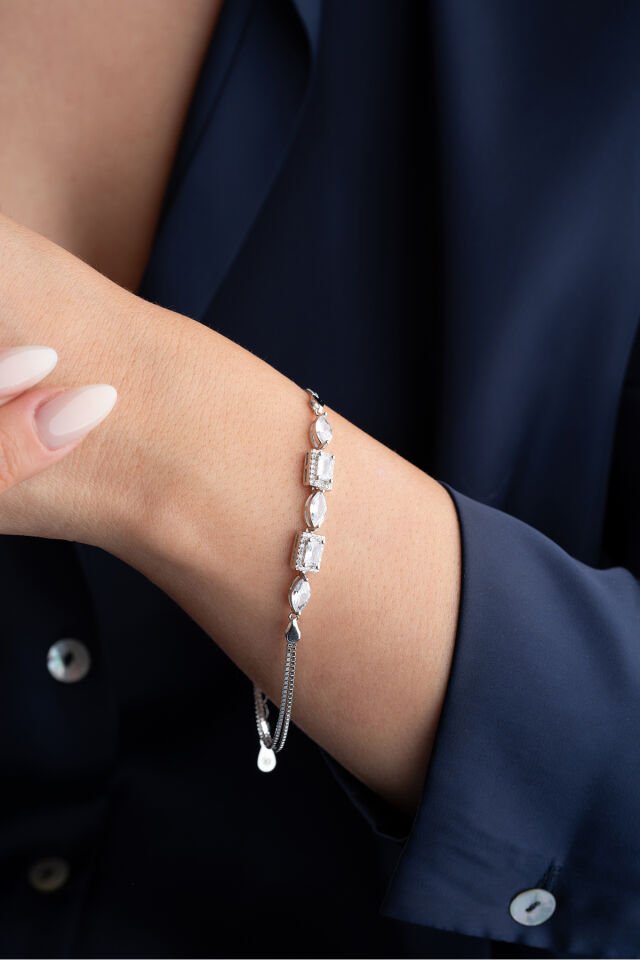 925 Ayar Gümüş Damla Baget Taşlı Trend  Bileklik Silver - Tek Ebat