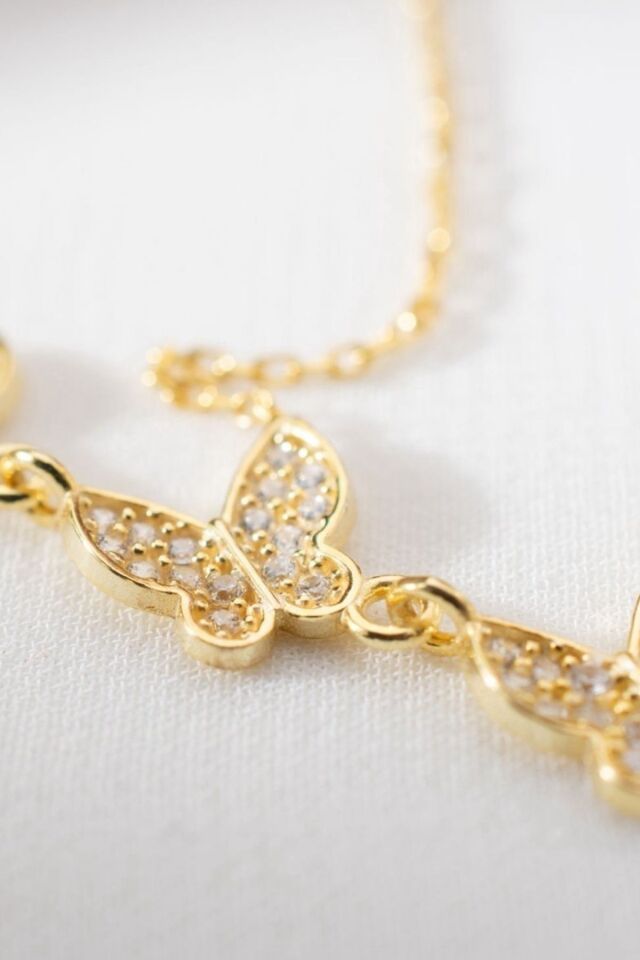 925 Ayar Gümüş Akışlı Kelebek Kolye Gold - Tek Ebat