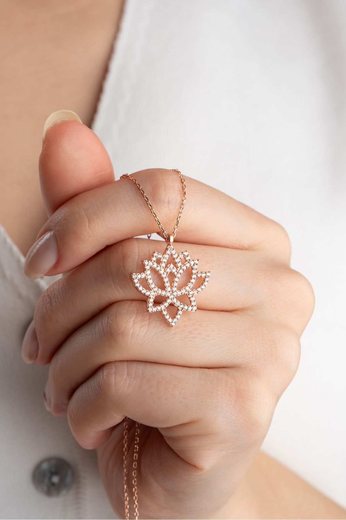 925 Ayar Gümüş Rose Lotus Çiçeği Kolye Rose - Tek Ebat