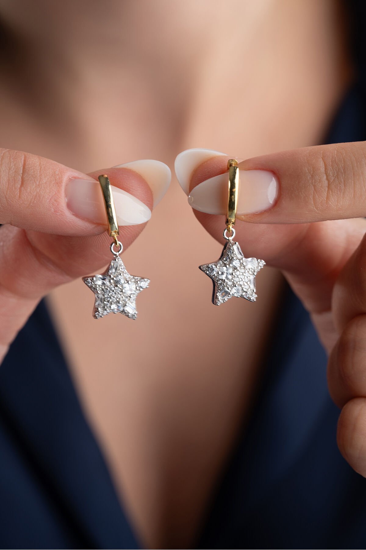 92 5Ayar Gümüş Baget Taşlı Yıldız Küpe silver - Tek Ebat