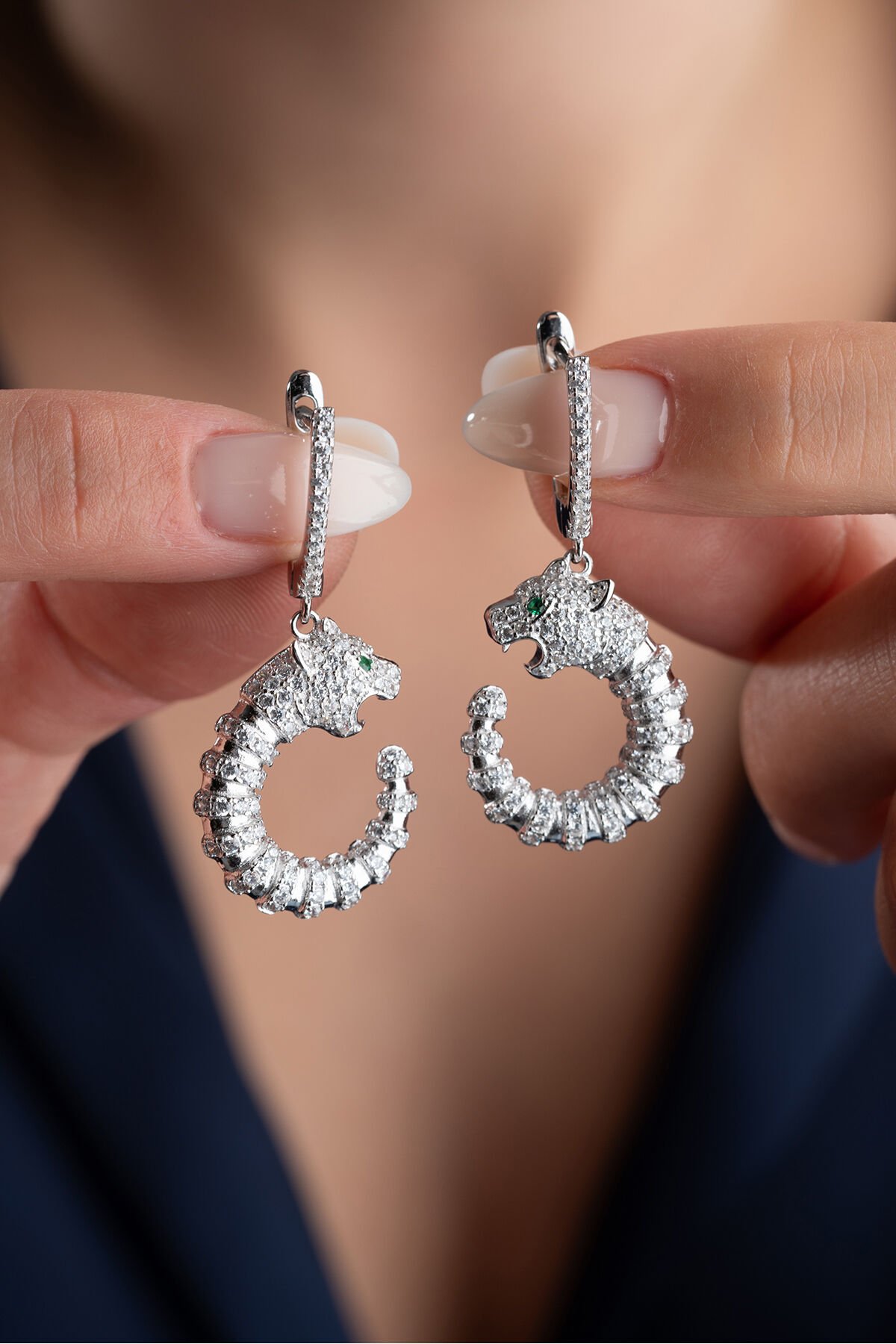 925 Ayar Gümüş Zirkon Kaplan Küpe Silver - Tek Ebat