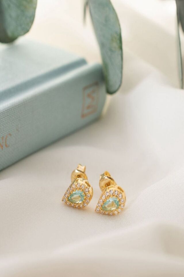 925 Ayar Gümüş Mart Ayı Doğum Taşı ( Aquamarine ) Damla Küpe Gold - Tek Ebat