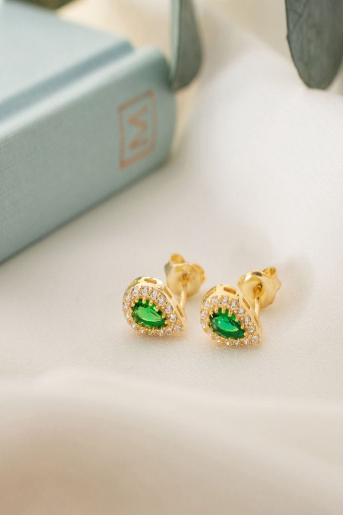 925 Ayar Gümüş Mayıs Ayı Doğum Taşı ( Emerald ) Damla Küpe Gold - Tek Ebat