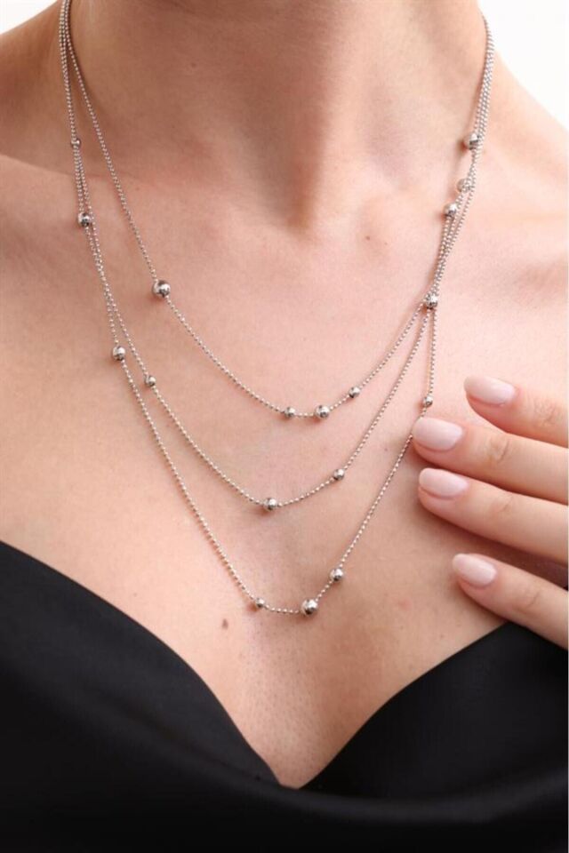 925 Ayar 3 Sıra Dorika Toplu Gümüş Kolye Silver - Tek Ebat