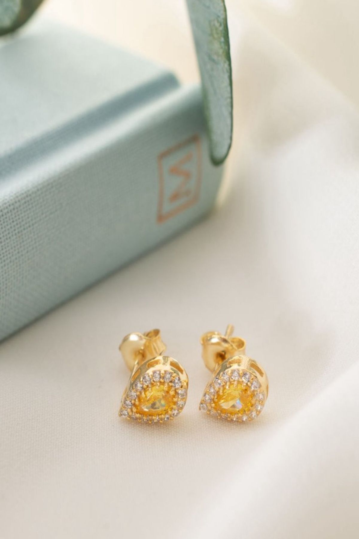 925 Ayar Gümüş Kasım Ayı Doğum Taşı ( Citrine ) Damla Küpe Gold - Tek Ebat