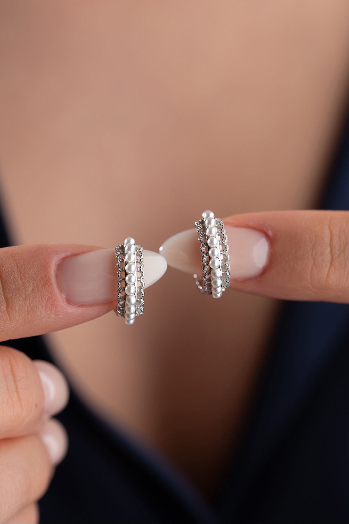 925 ayar Gümüş İncili Halka Küpe Silver - Tek Ebat