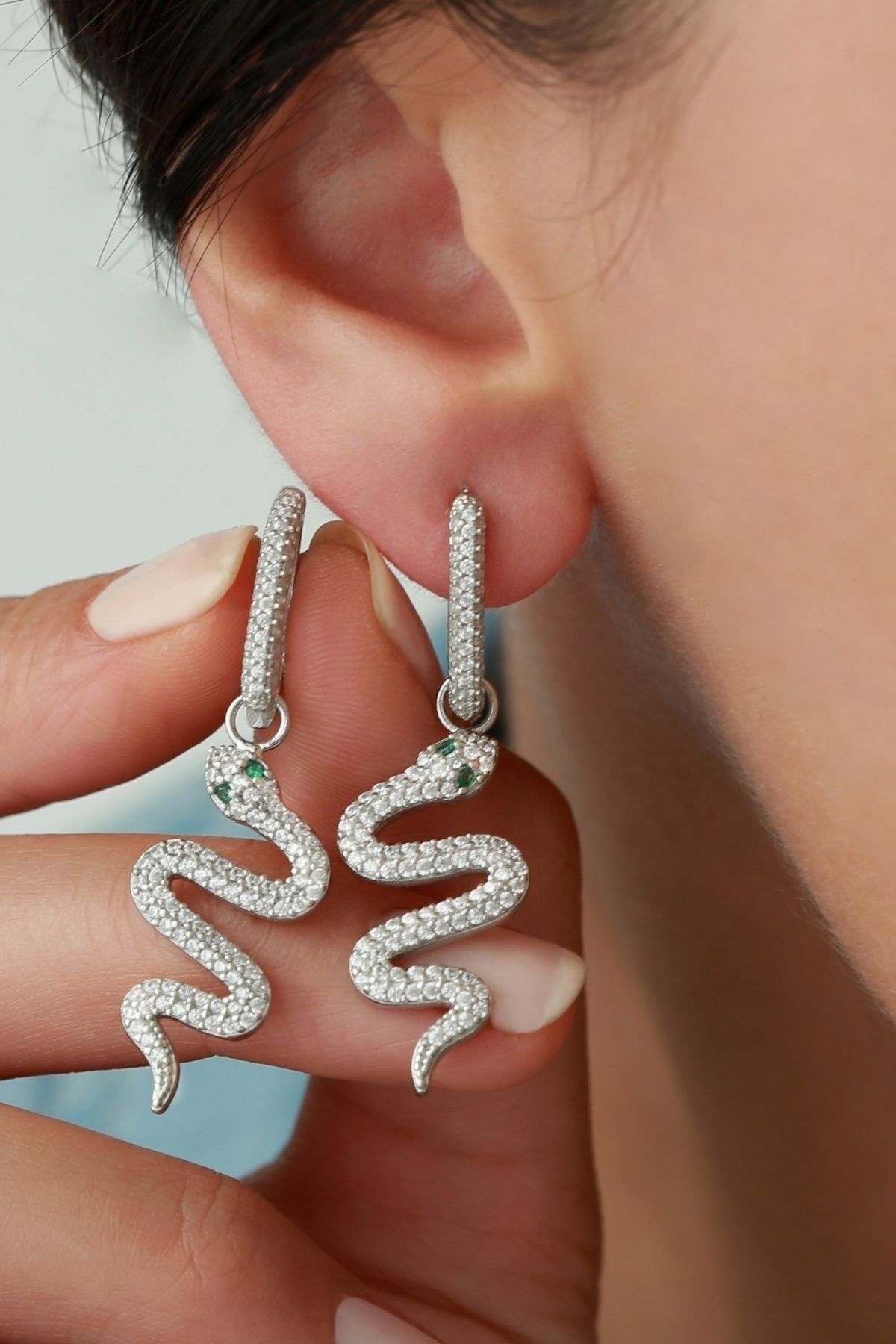 925 Ayar Gümüş Yılanlı Küpe Silver - Tek Ebat