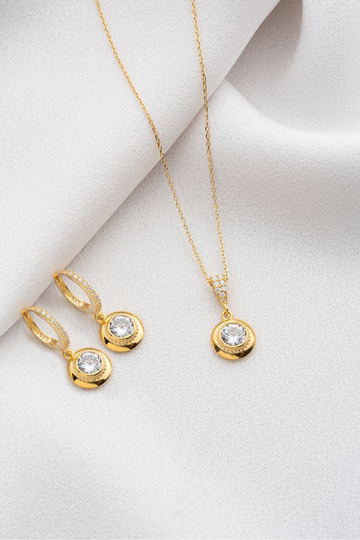 925 Ayar Gümüş Tektaş Takı (Kolye-Küpe) Seti Gold - Tek Ebat