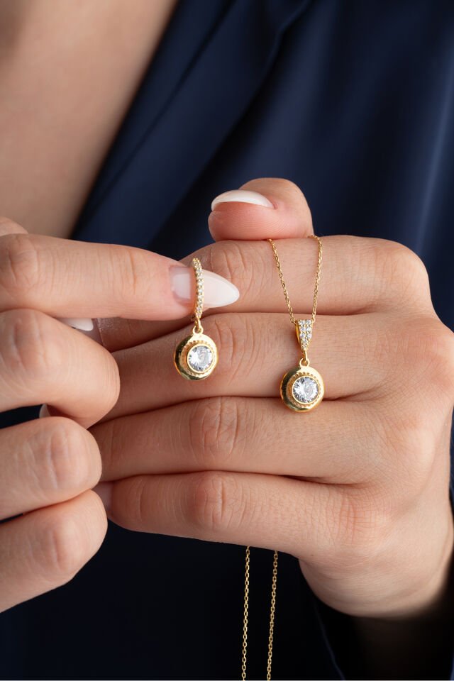 925 Ayar Gümüş Tektaş Takı (Kolye-Küpe) Seti Gold - Tek Ebat