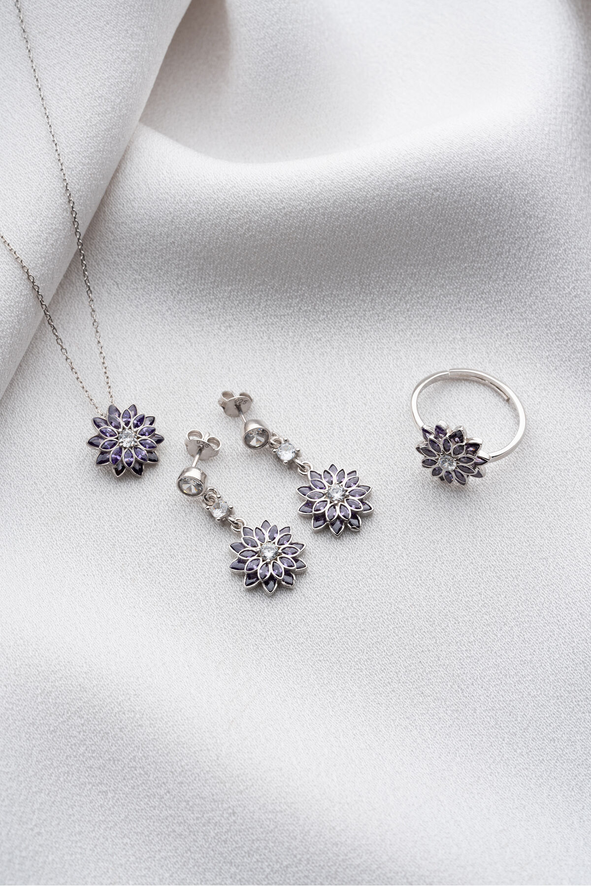 925 Ayar Gümüş Mor Tek Taşlı Lotus Takı (Kolye-Küpe-Yüzük) Seti Silver - Tek Ebat