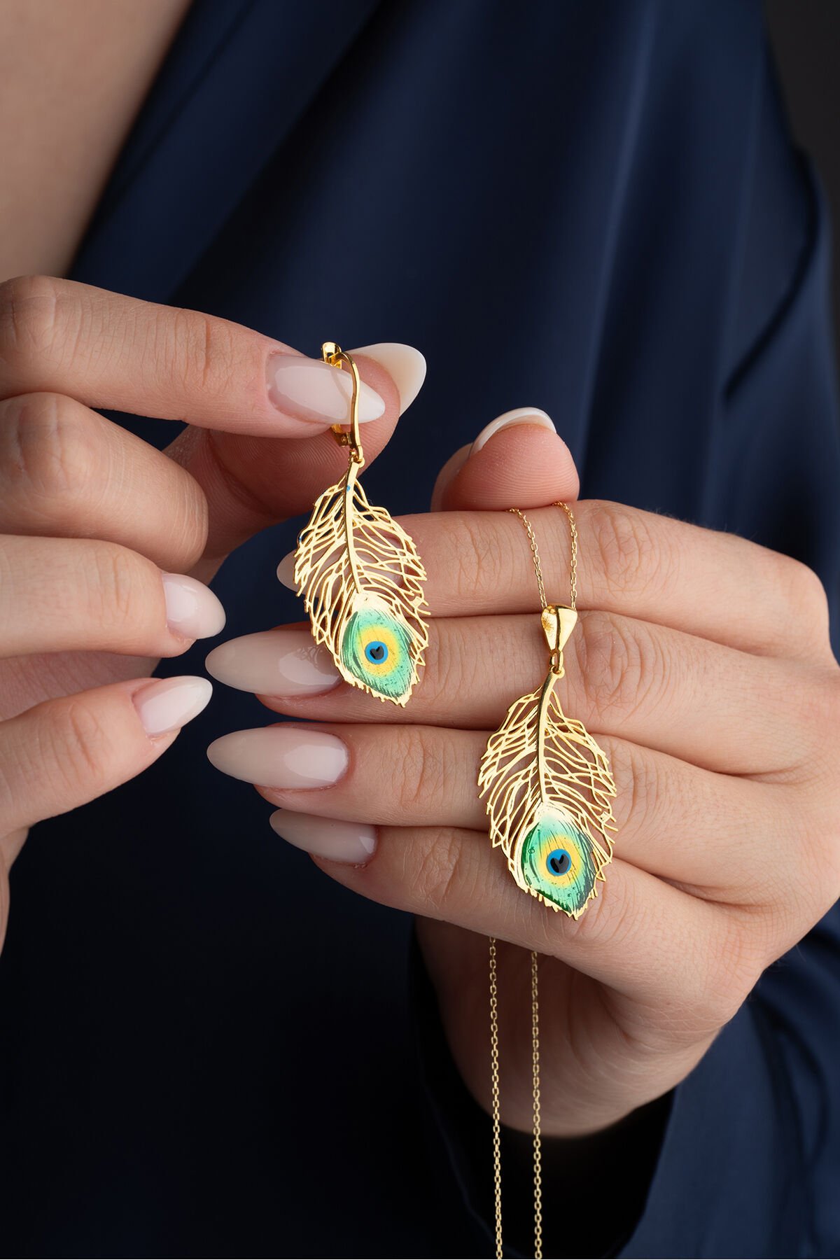 925 Ayar Gümüş Gold Tüy Takı (Kolye-Küpe) Seti Gold - Tek Ebat