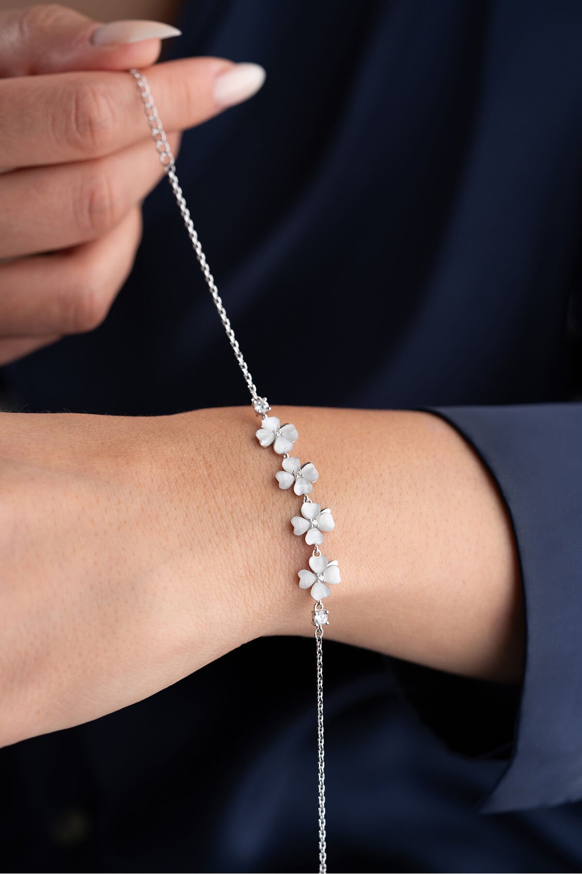 925 Ayar Gümüş Sedefli 4 Yonca Bileklik Silver - Tek Ebat