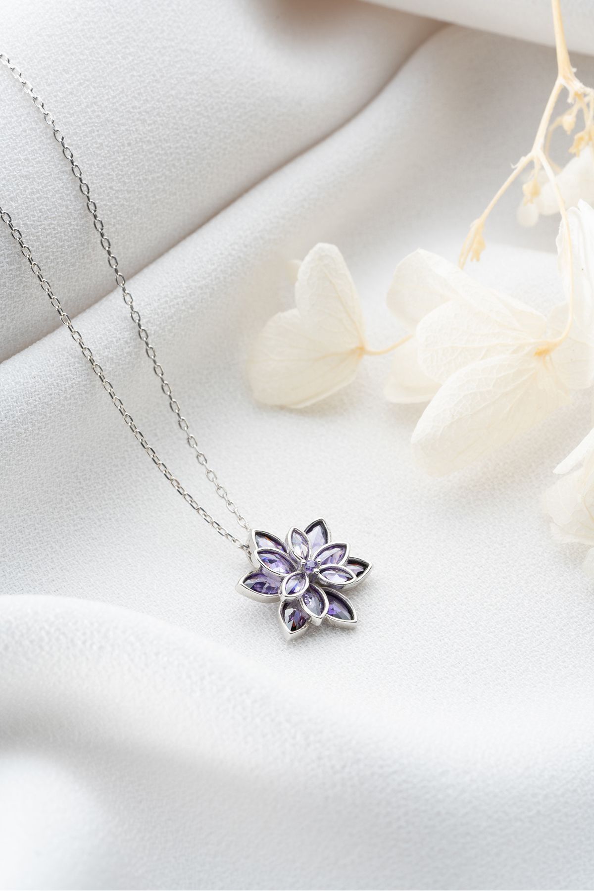 925 Ayar Gümüş Mor Lotus Çiçeği Kolye Rose - Tek Ebat