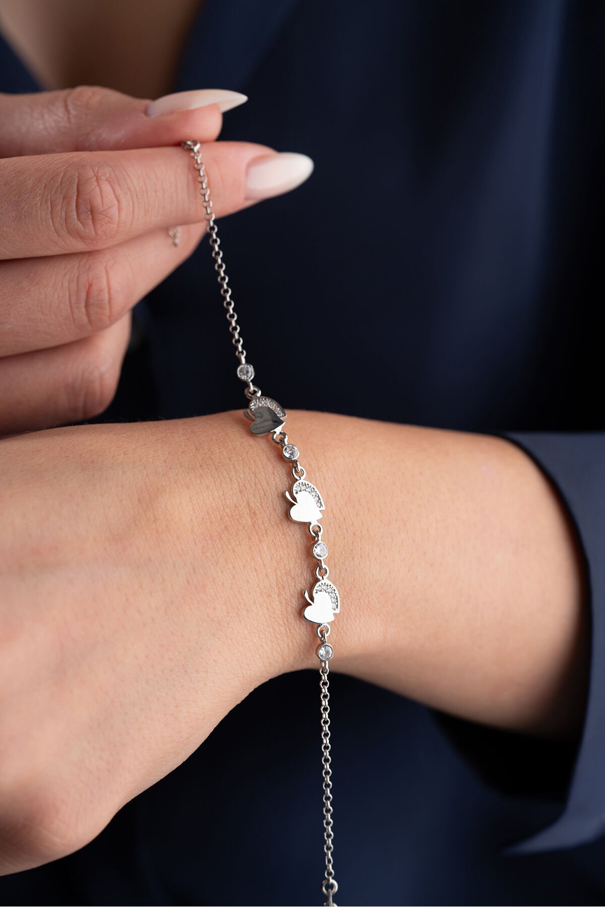 925 Ayar Gümüş Yarım Kalp Elma Bileklik Silver - Tek Ebat