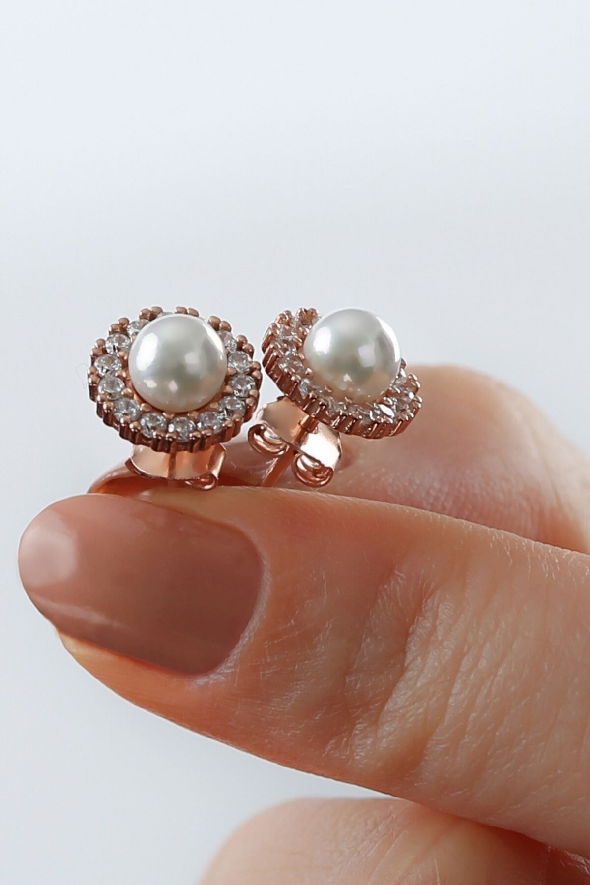 925 Ayar Gümüş Incili Küpe ( Rose Gold ) Rose - Tek Ebat
