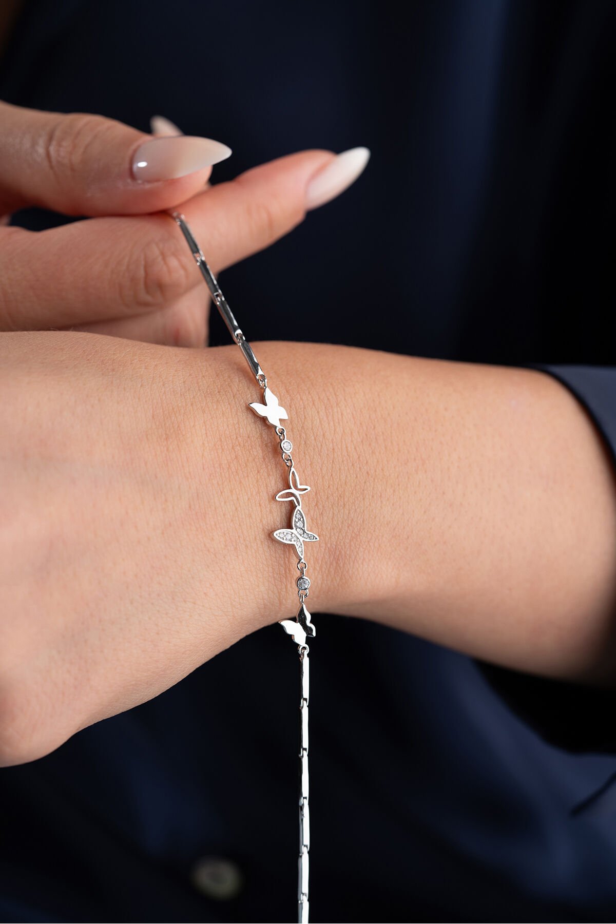 925 Ayar Gümüş Kelebekli Trend Bileklik Silver - Tek Ebat