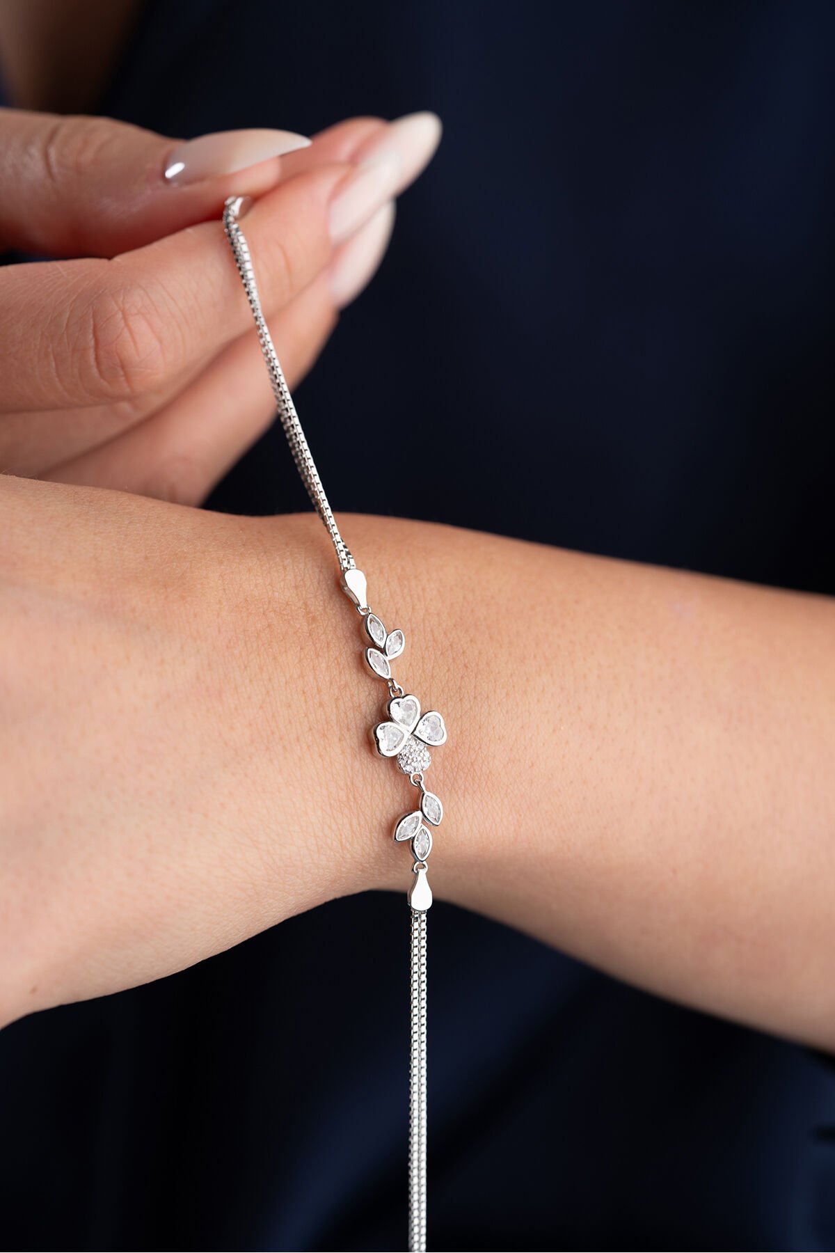 925 Ayar Gümüş Yaprak Yonca Bileklik Silver - Tek Ebat