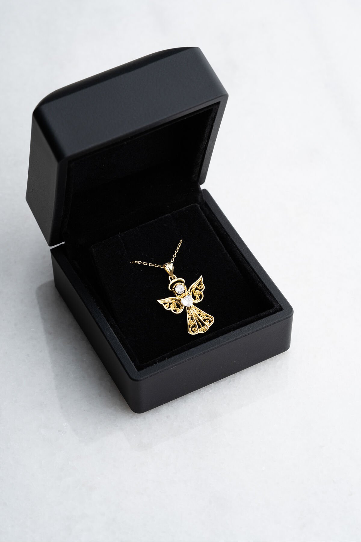 925 Ayar Gümüş Gold Işıklı Kutu Kalp Tektaş Melek Kolye Gold - Tek Ebat