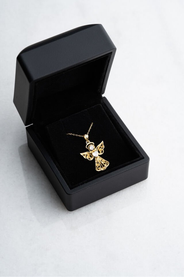 925 Ayar Gümüş Gold Işıklı Kutu Kalp Tektaş Melek Kolye Gold - Tek Ebat