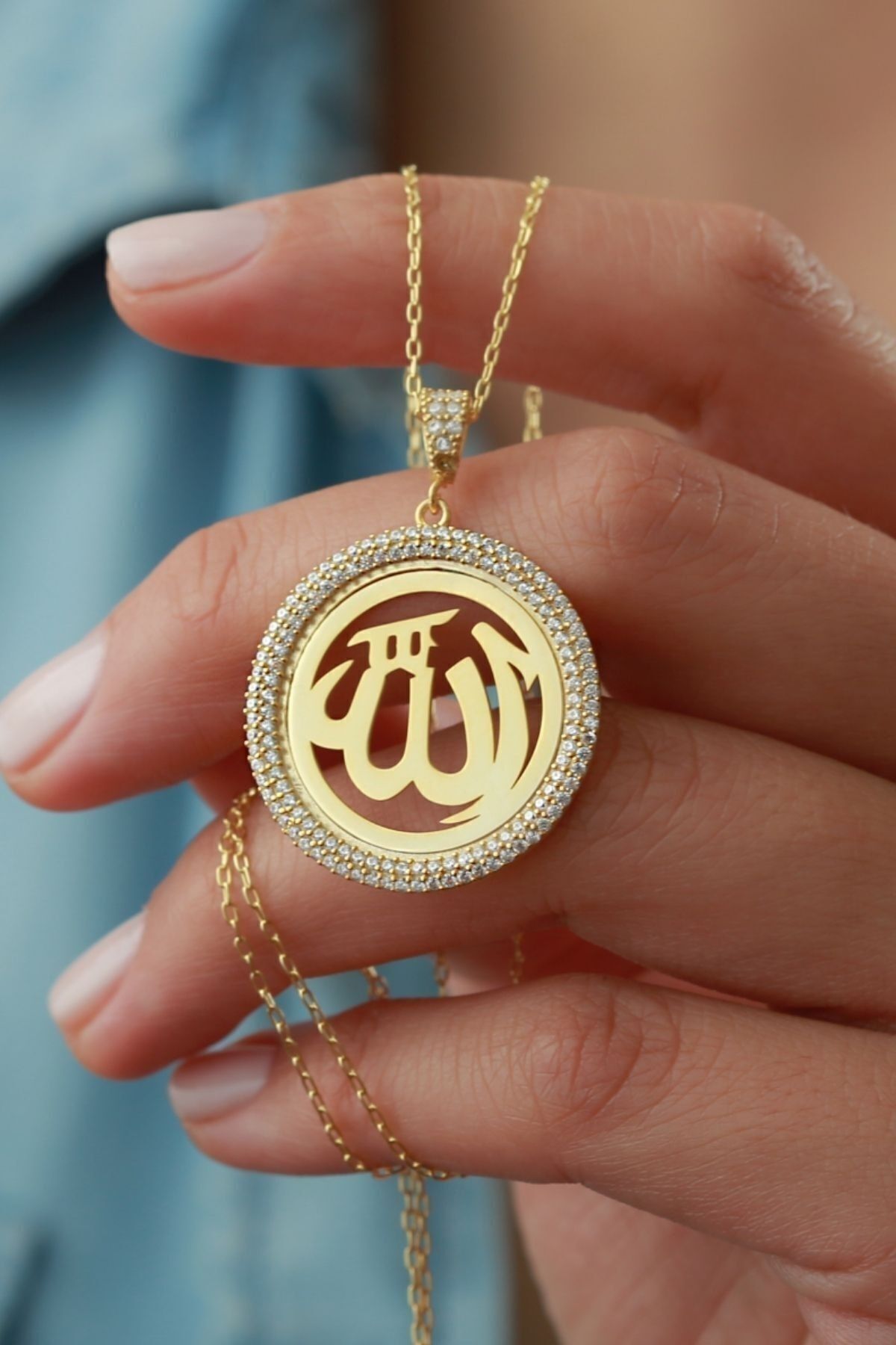 925 Ayar Gümüş Allah Lafzı Kolye Gold - Tek Ebat