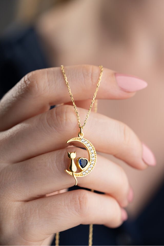 925 Ayar Gümüş Işıklı Kutuda Mavi Taşlı Gold kedi Kolye