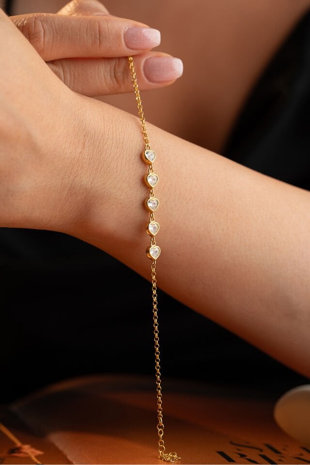 925 Ayar Gümüş Altın Kaplama Kalpli Bileklik