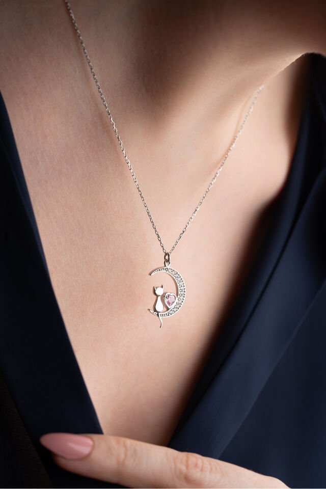 925 Ayar Gümüş Pembe Taşlı kedi Kolye