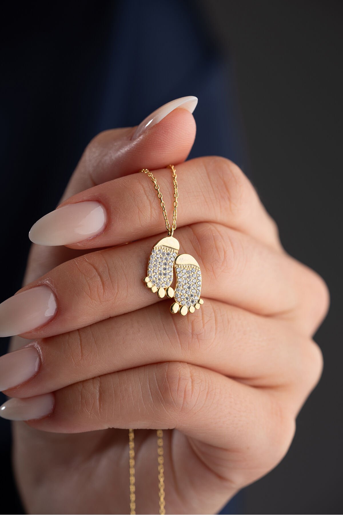 925 Ayar Gümüş Gold Zirkon Taşlı Ayak Kolye Gold - Tek Ebat