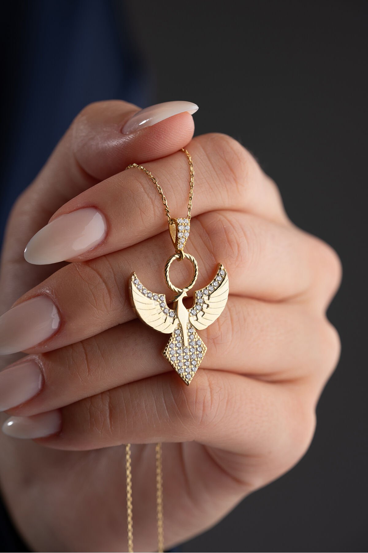 925 Ayar Gümüş Gold Zümrüdüanka Kolye Gold - Tek Ebat