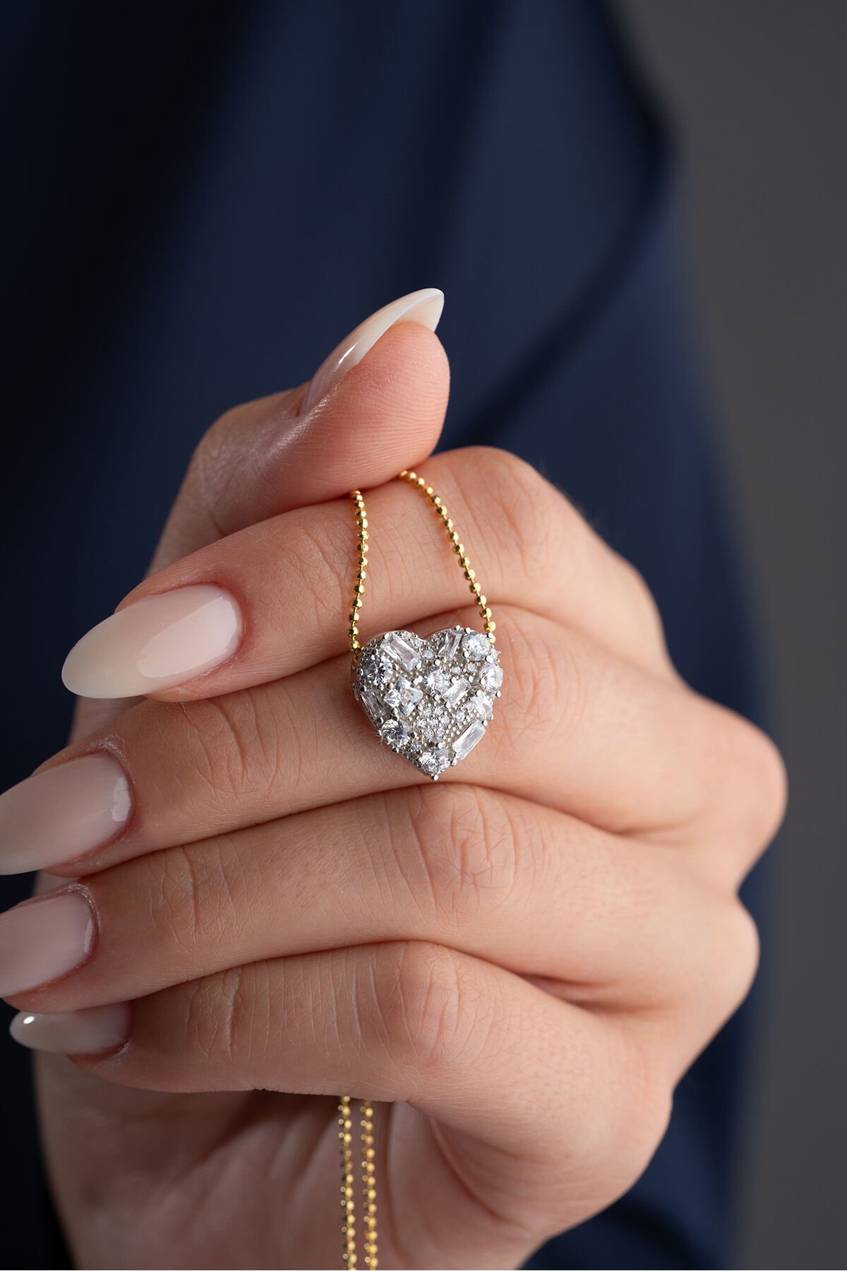 925 Ayar Gümüş Baget Taşlı Kalp Kolye Gold - Tek Ebat