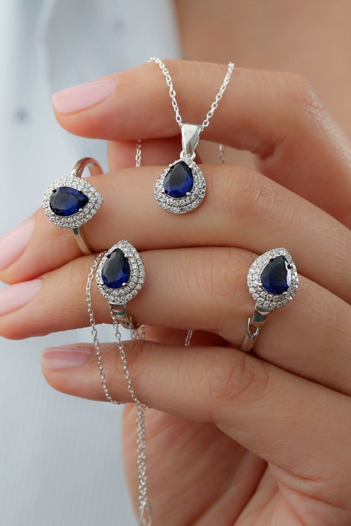 925 Ayar Gümüş Mavi Taşlı Takı Seti Silver - Tek Ebat