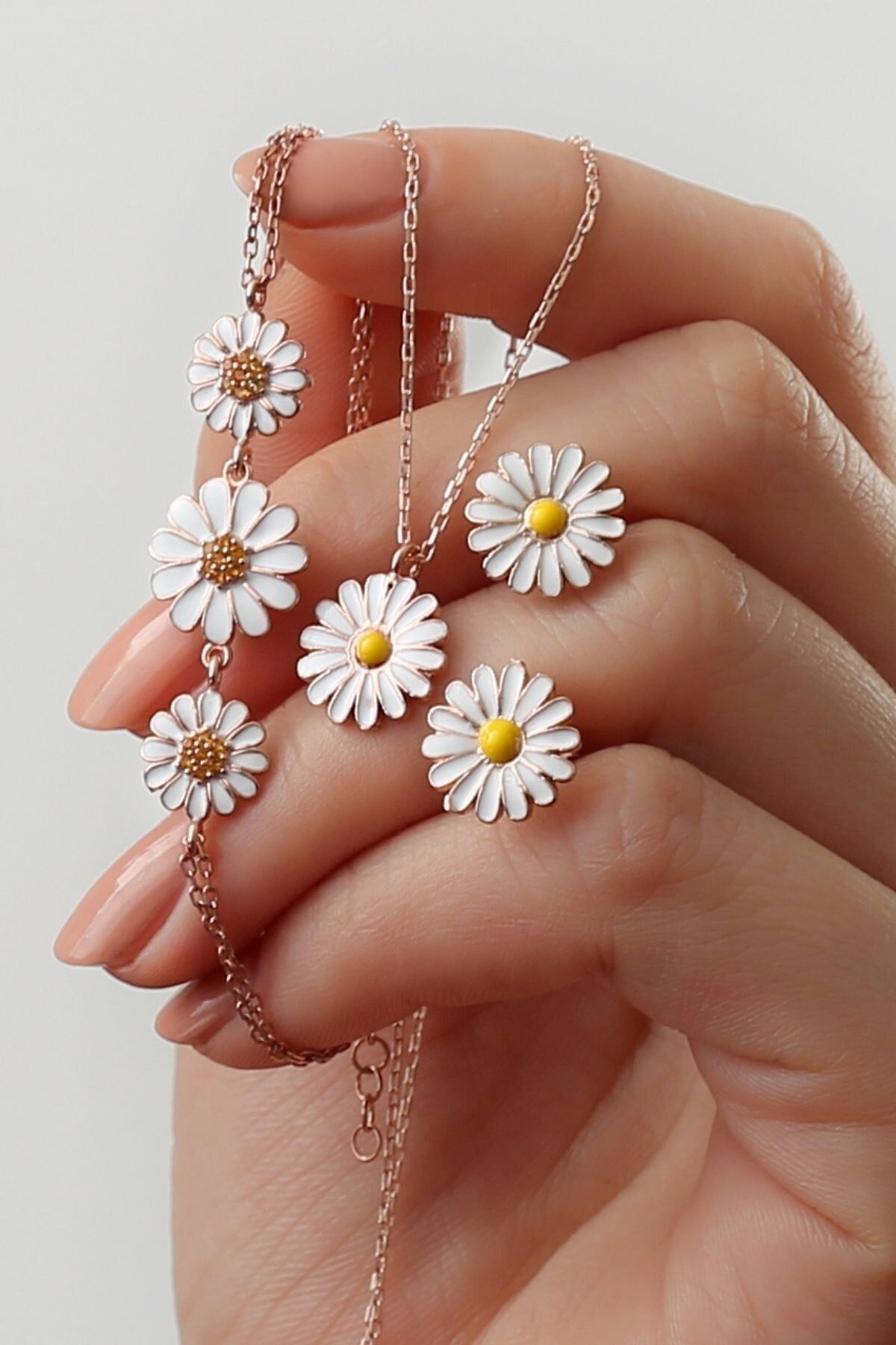 925 Ayar Gümüş Papatya Set Rose - Tek Ebat