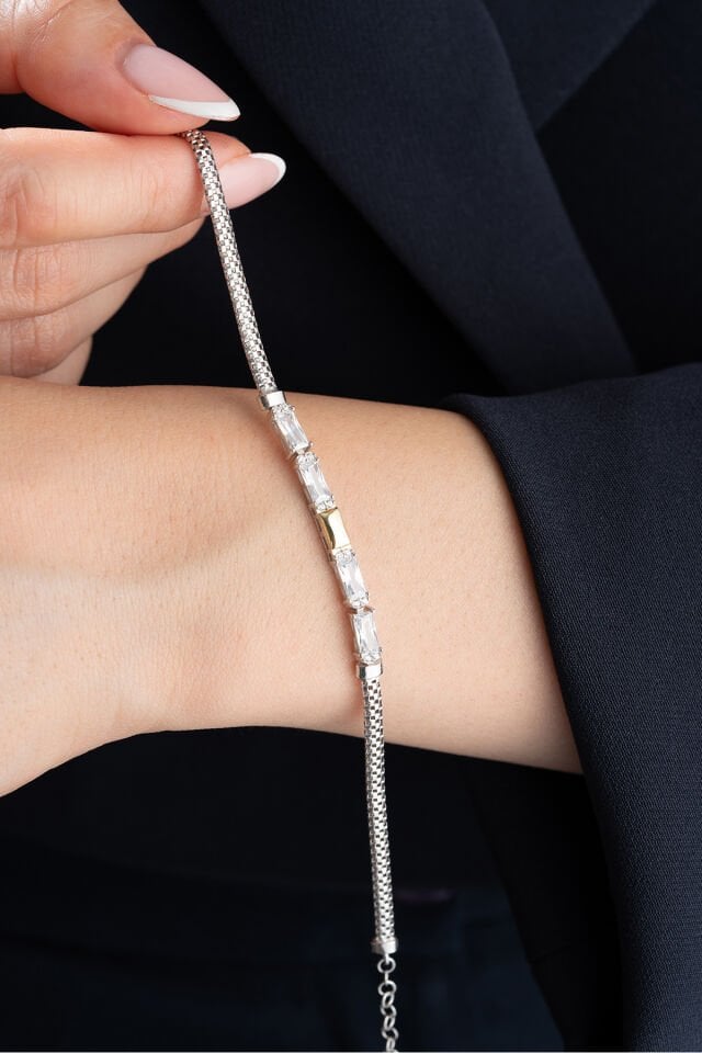 925 Ayar Gümüş Bagetli Trend Bileklik Silver - Tek Ebat