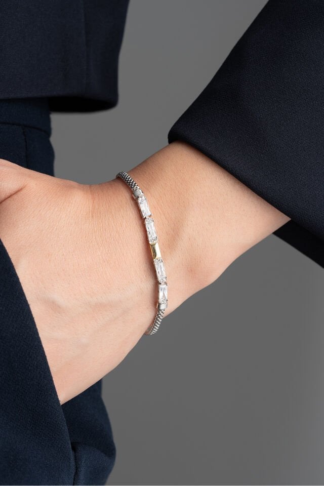 925 Ayar Gümüş Bagetli Trend Bileklik Silver - Tek Ebat