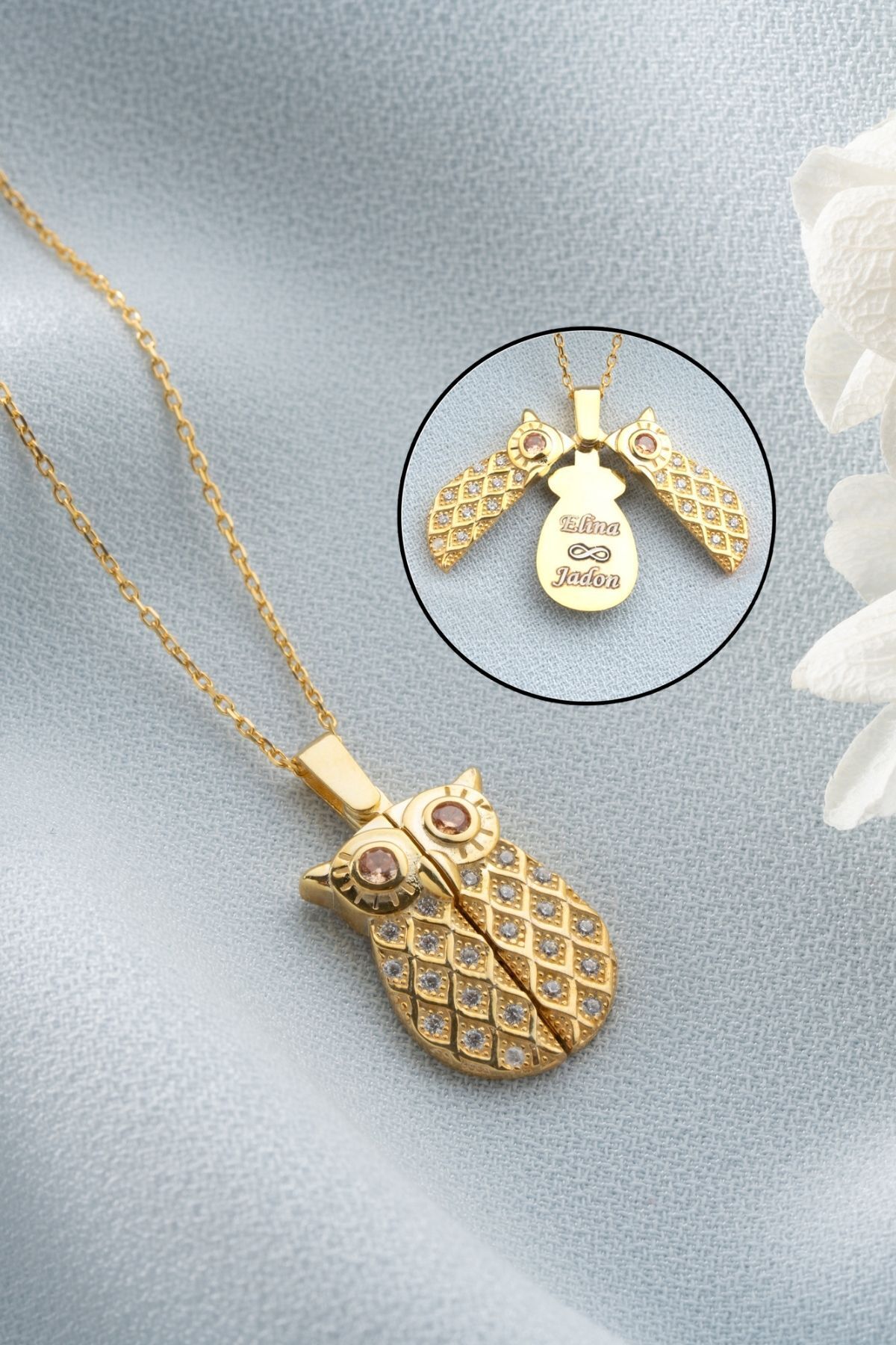 925 Ayar Gümüş Açılabilen Baykuş Kolye Gold - Tek Ebat