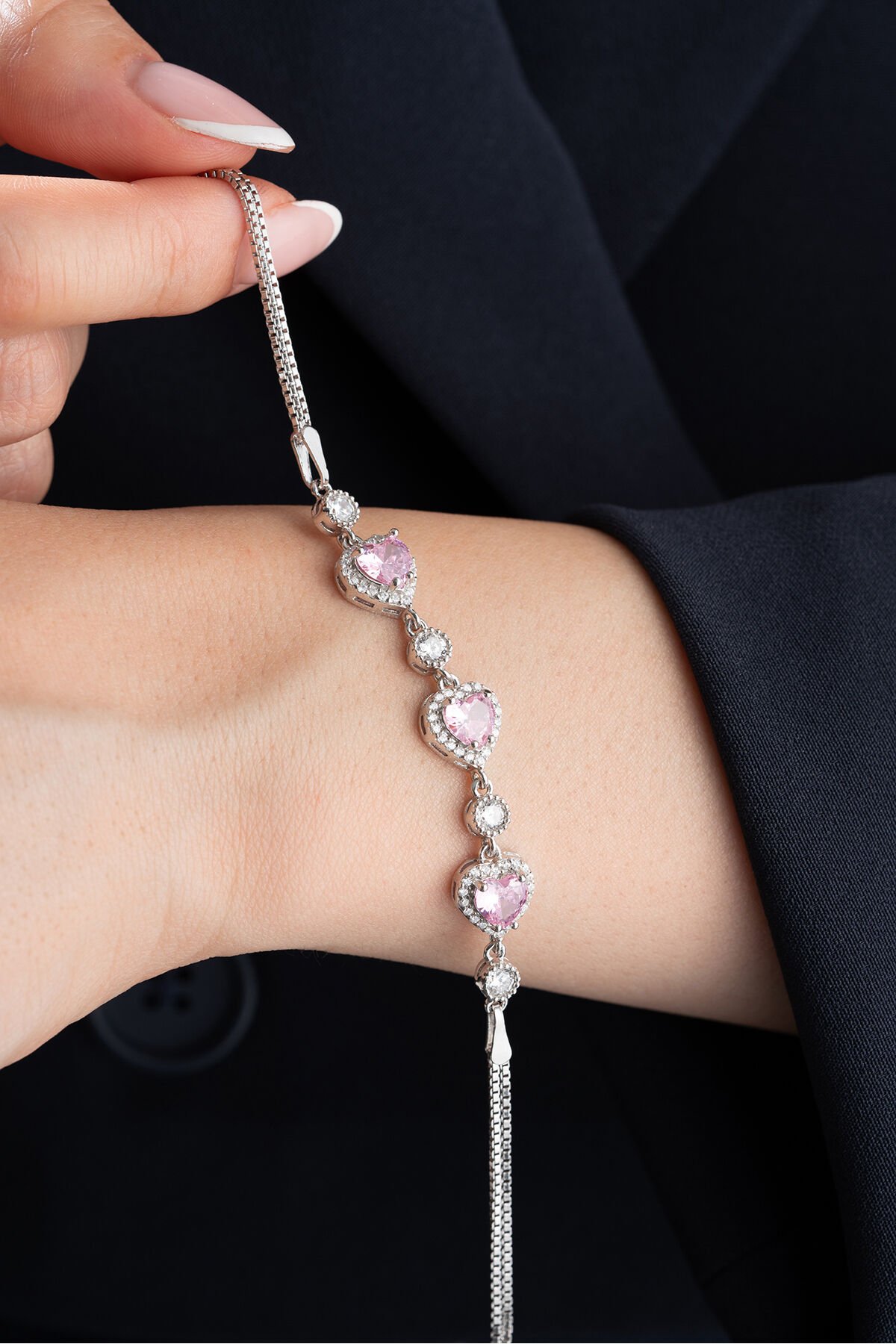 925 Ayar Gümüş 3'lü Pembe Kalpli Bileklik Silver - Tek Ebat