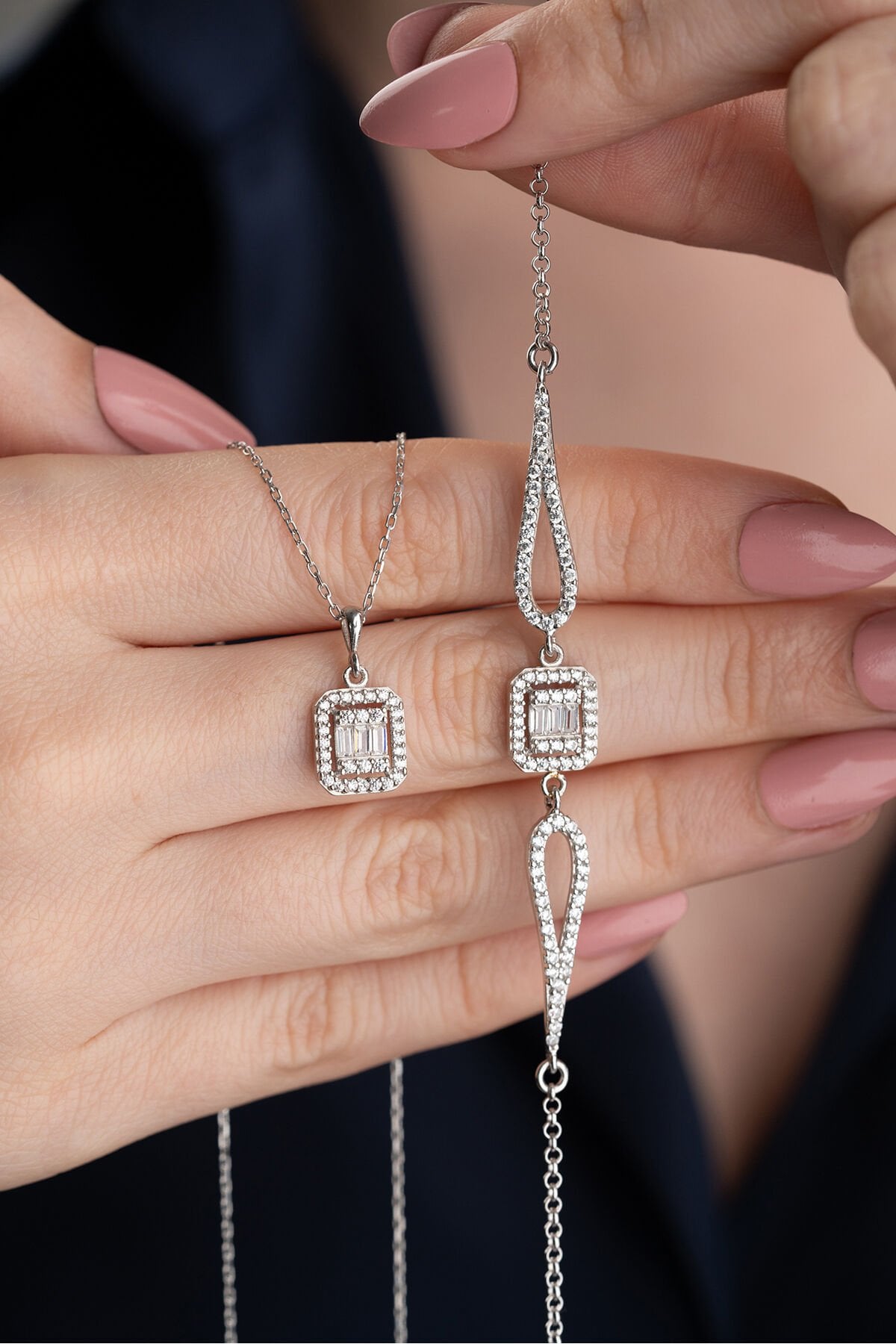 925 Ayar Gümüş Baget Taşlı (Kolye-Bileklik) Set
