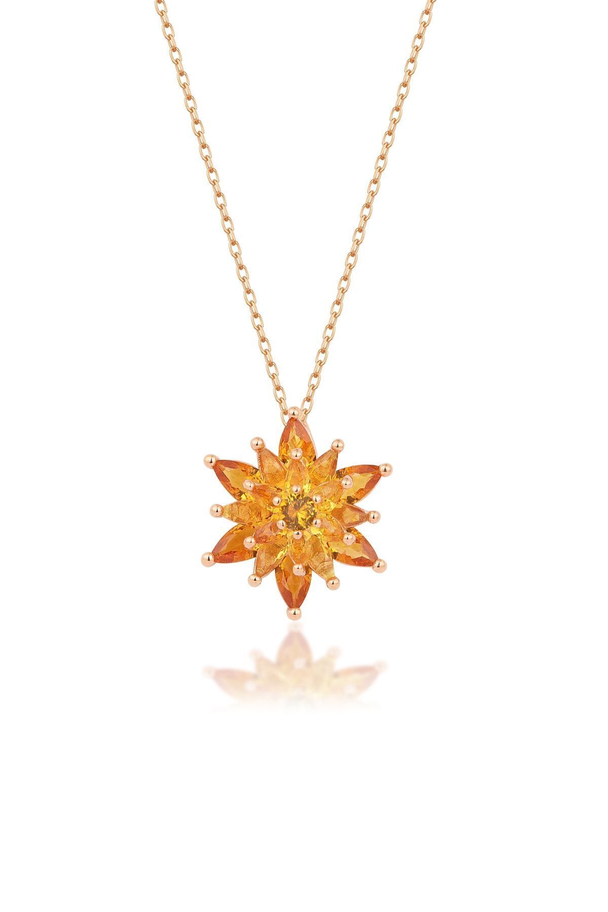 925 Ayar Gümüş 4 Katman Turuncu Lotus Çiçeği Kolye Rose - Tek Ebat