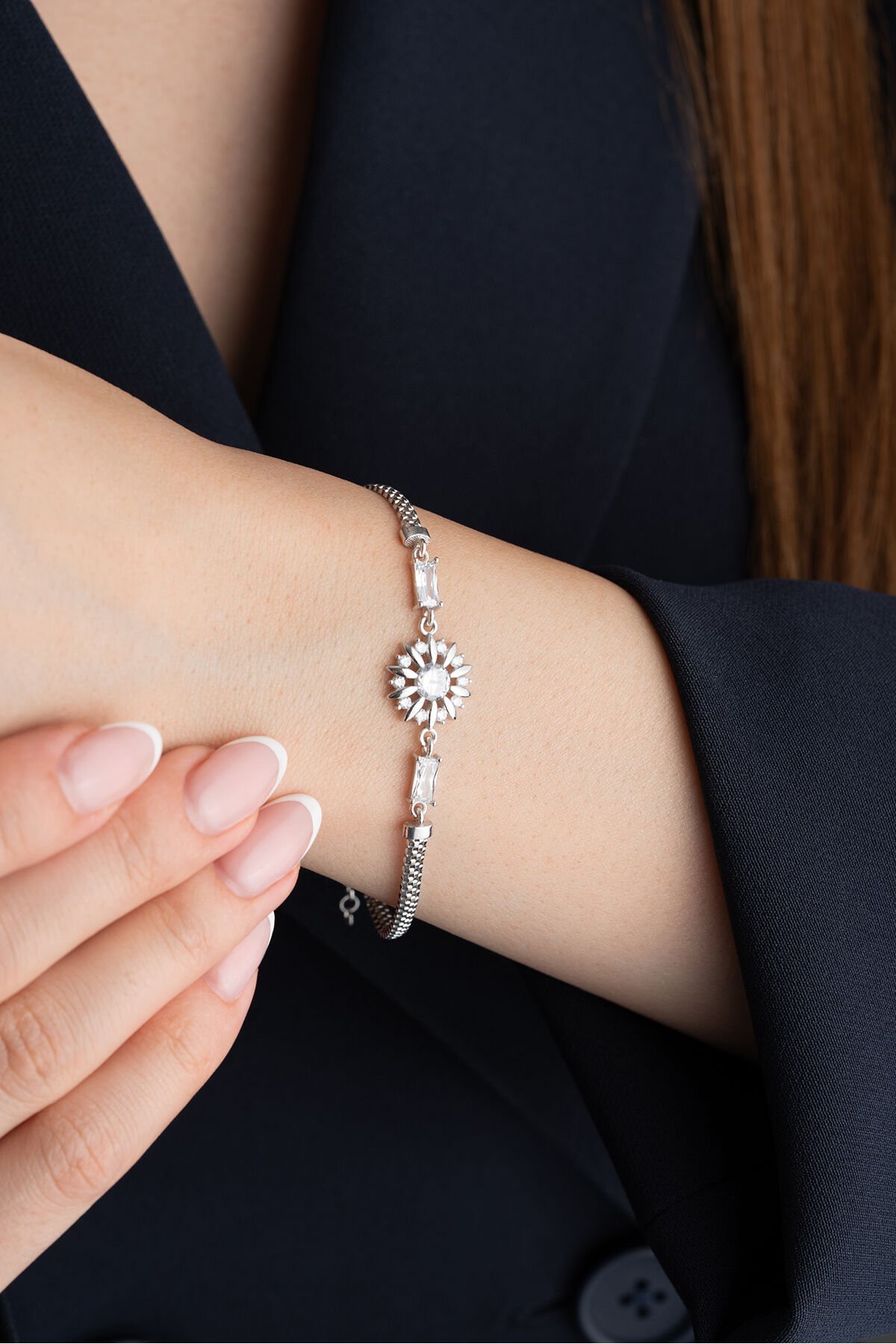 925 Ayar Gümüş Bagetli Çiçek Bileklik Silver - Tek Ebat