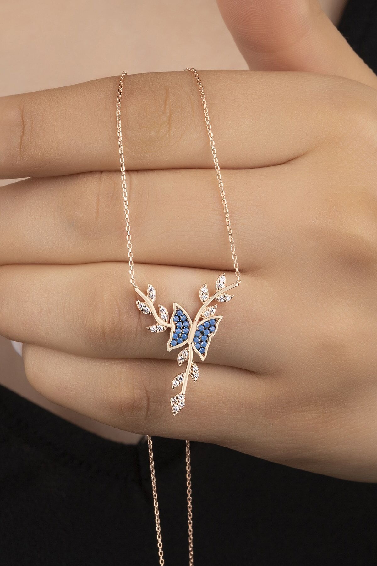 925 Ayar Gümüş Rose Daldaki Kelebek Kolye Gold - Tek Ebat