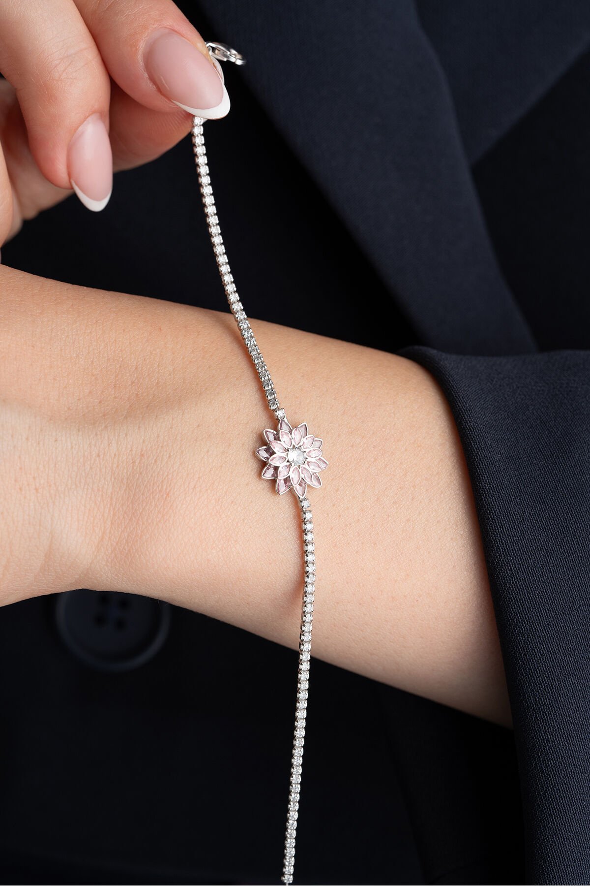925 Ayar Gümüş Pembe Taşlı Lotus Su Yolu Bileklik Silver - Tek Ebat